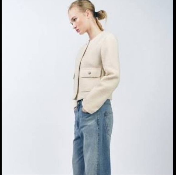 Zara Cream Boucle Silver Buttons Blazer Jacket - Picture 3 of 4